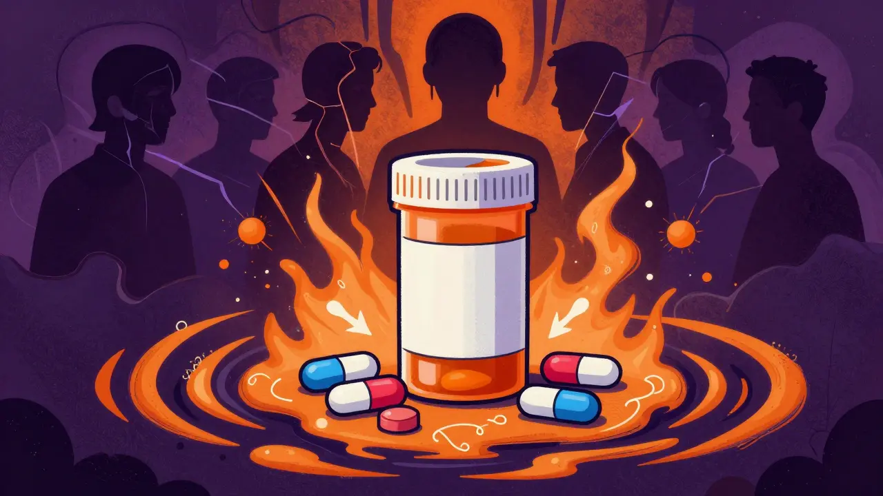 Prescription pills surrounded by chaotic energy and a fragmented human silhouette.