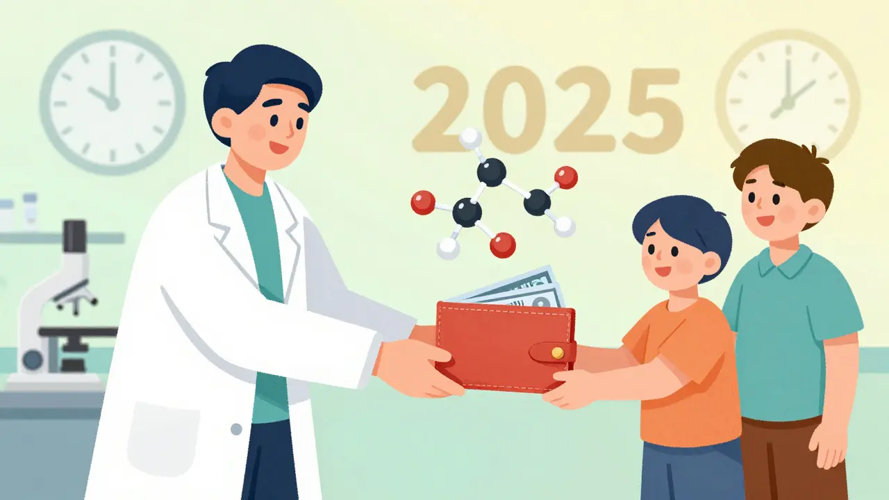 Researcher and family exchanging medical care symbols representing affordability.