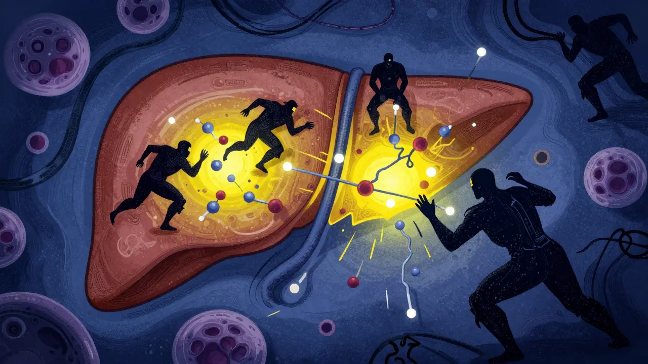 Artistic depiction of immune cells attacking drug-altered liver proteins.