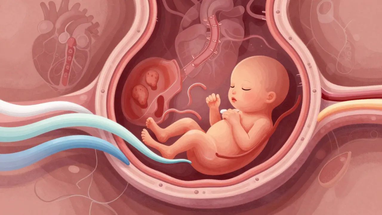 Conceptual illustration of medication crossing the placenta to the fetus