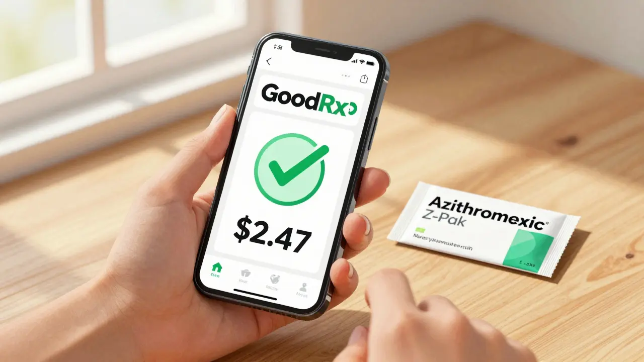 Hand holding phone with discount coupon next to generic medication pack