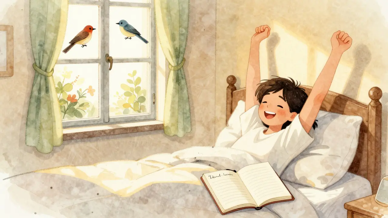 Happy person waking up naturally with sunlight and diary