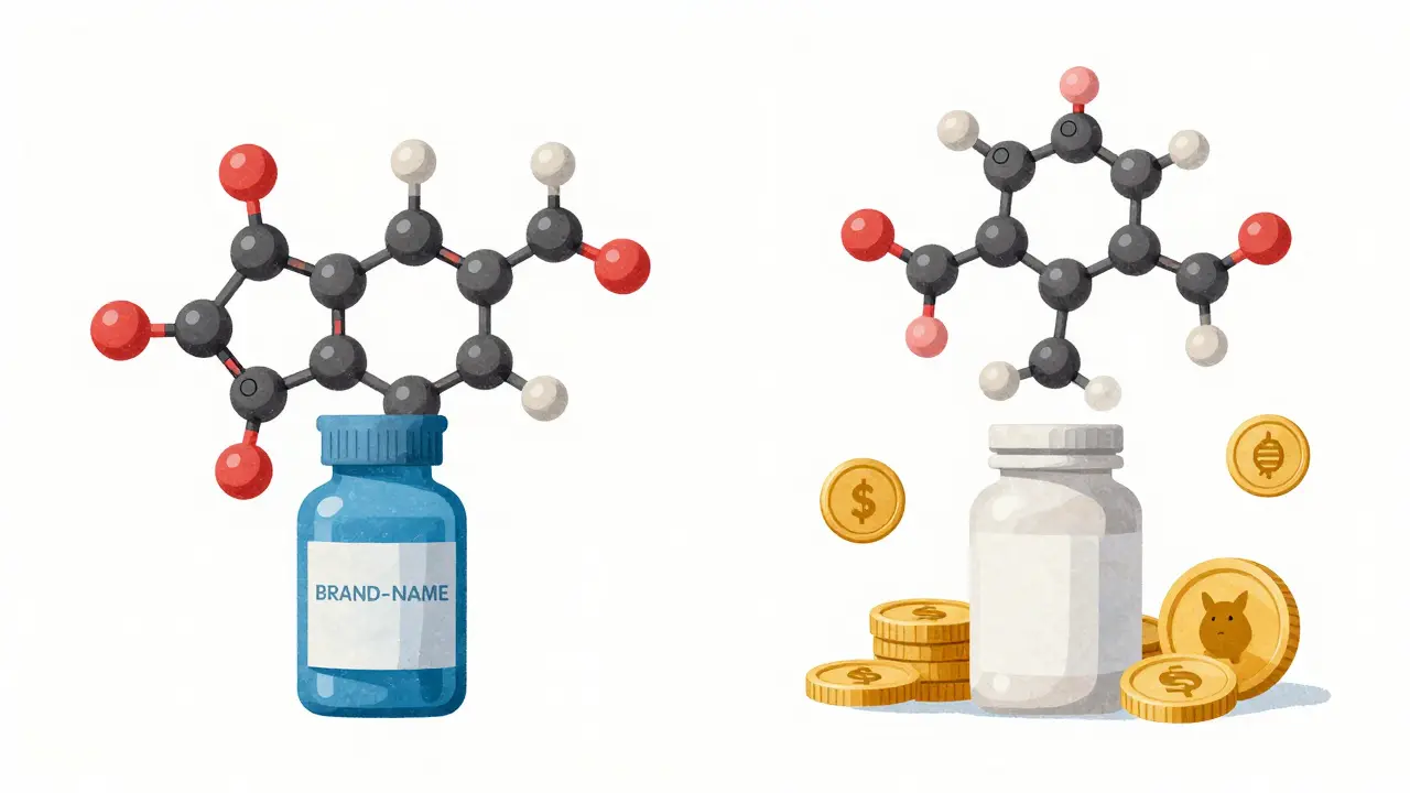 Illustration comparing expensive brand name vs cheap generic pills