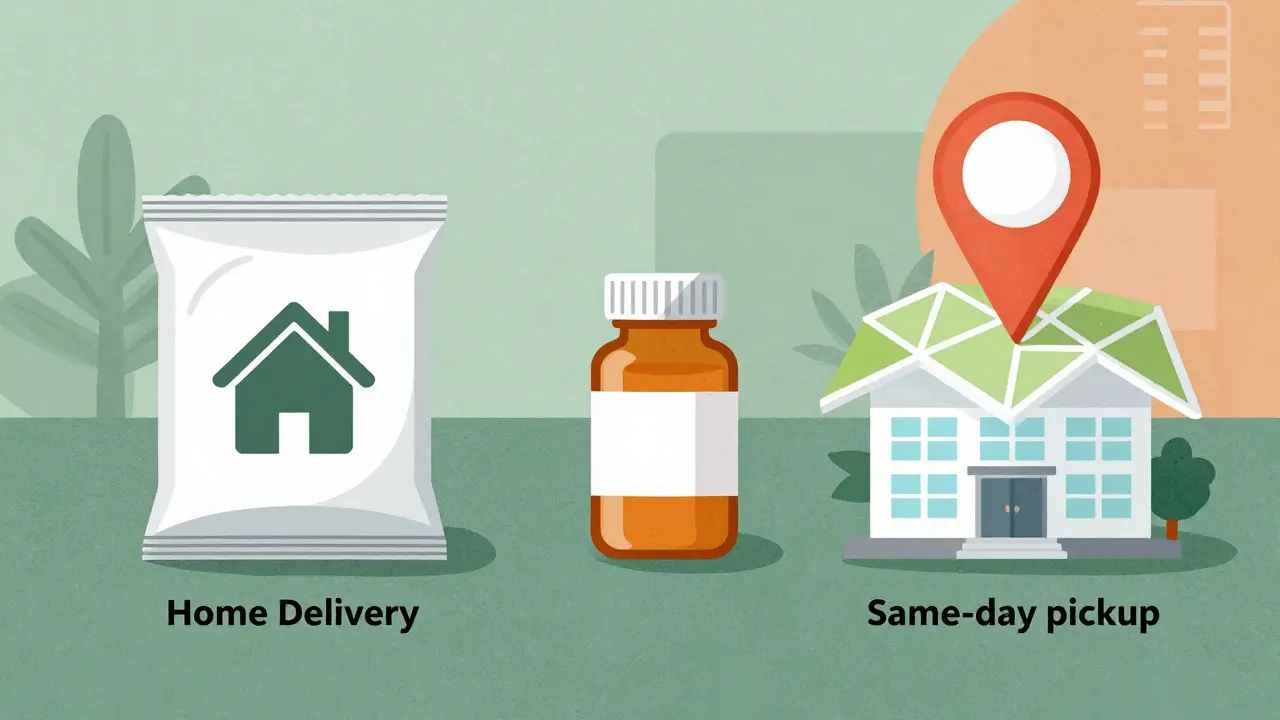 Illustration comparing home delivery and local pharmacy pickup options