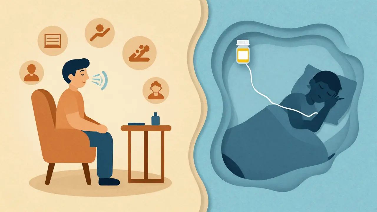 Illustration comparing therapy session versus taking pills
