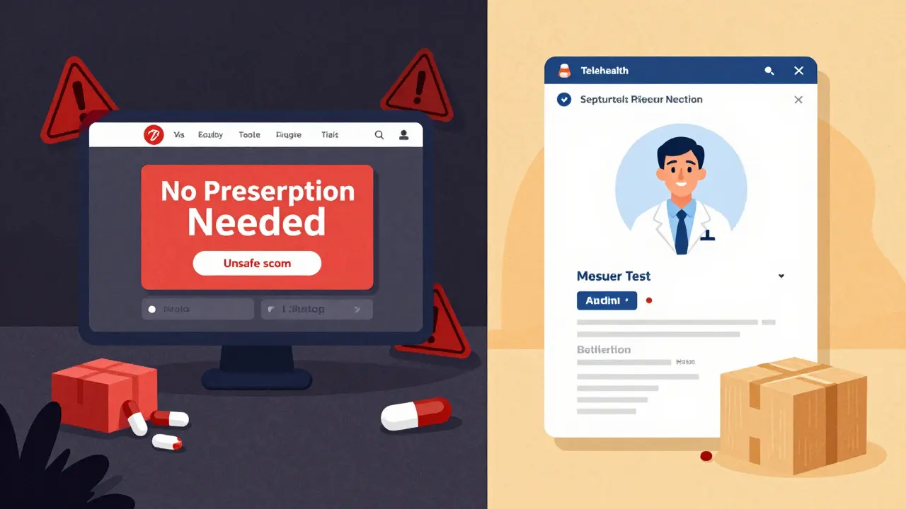 Illustration comparing unsafe scam websites versus safe telehealth services