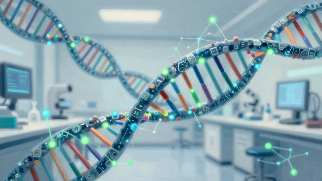 Illustration of DNA and AI networks predicting drug safety risks.