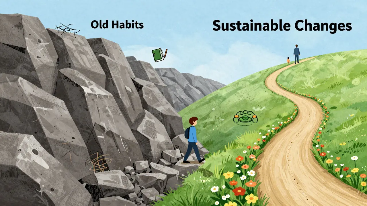 Metaphorical path showing the journey from old habits to sustainable lifestyle changes.