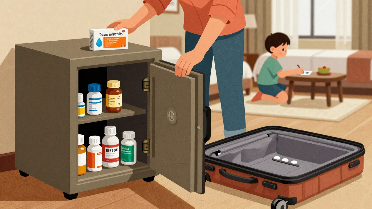 Portable medication lockbox stored securely inside a hotel room safe