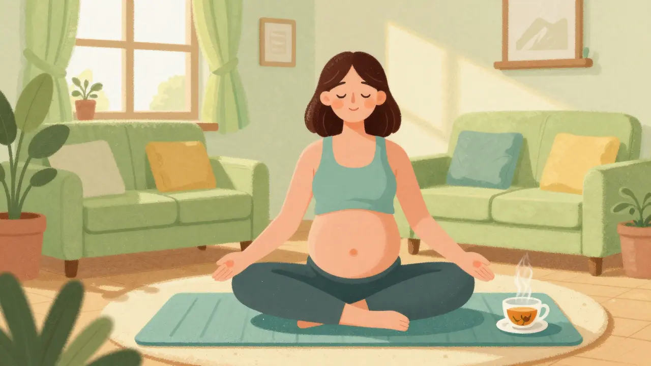 Pregnant woman practicing mindfulness and relaxation techniques at home