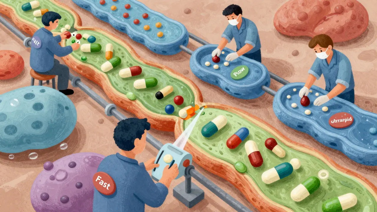 Stylized liver enzymes working at different speeds to metabolize drugs in a cell.