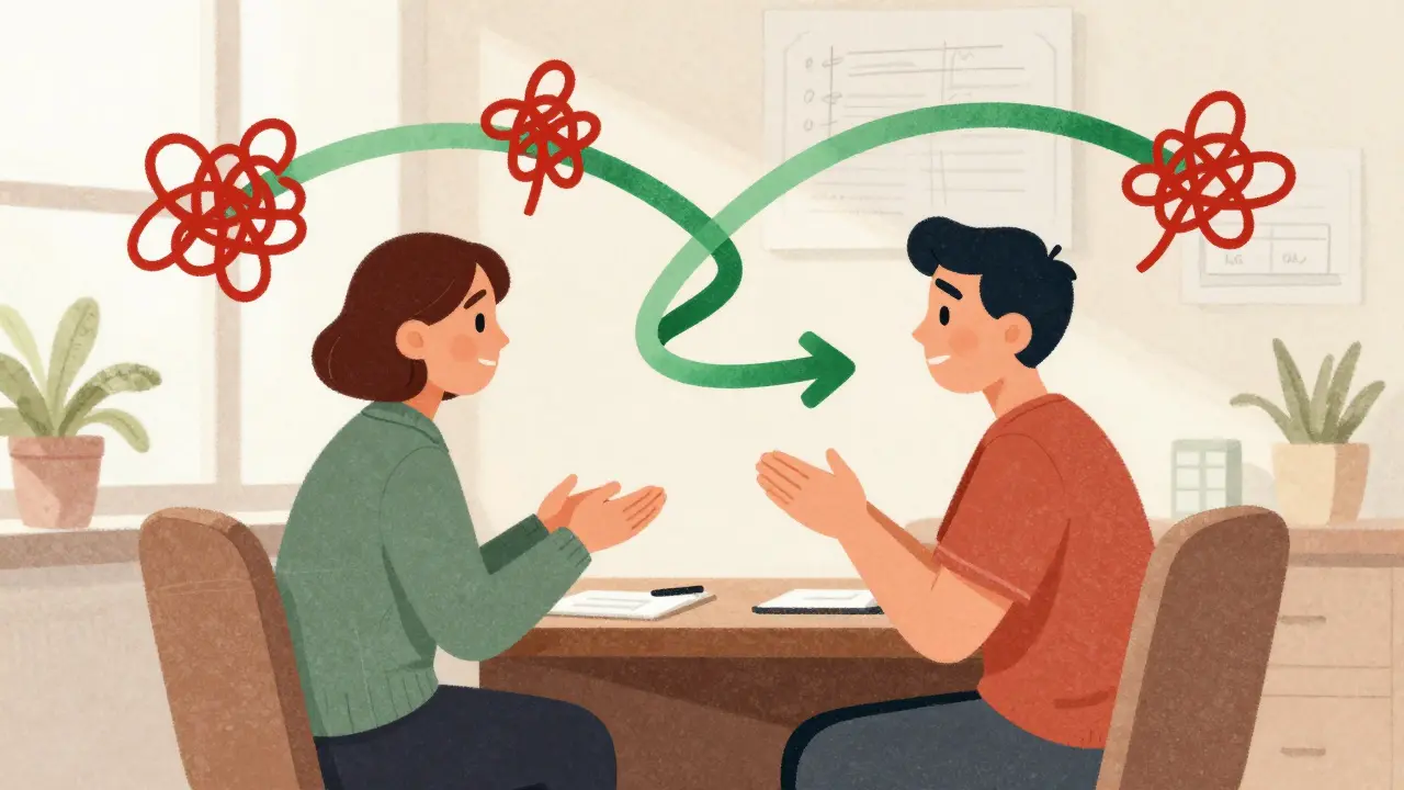 Therapist and patient discussing weight loss triggers in a supportive, textured cartoon style.
