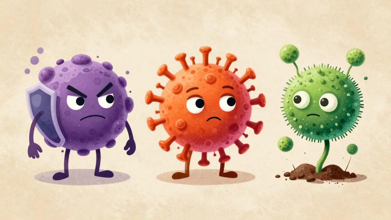 Cartoon microbes representing bacteria, viruses, and fungi causing pneumonia.