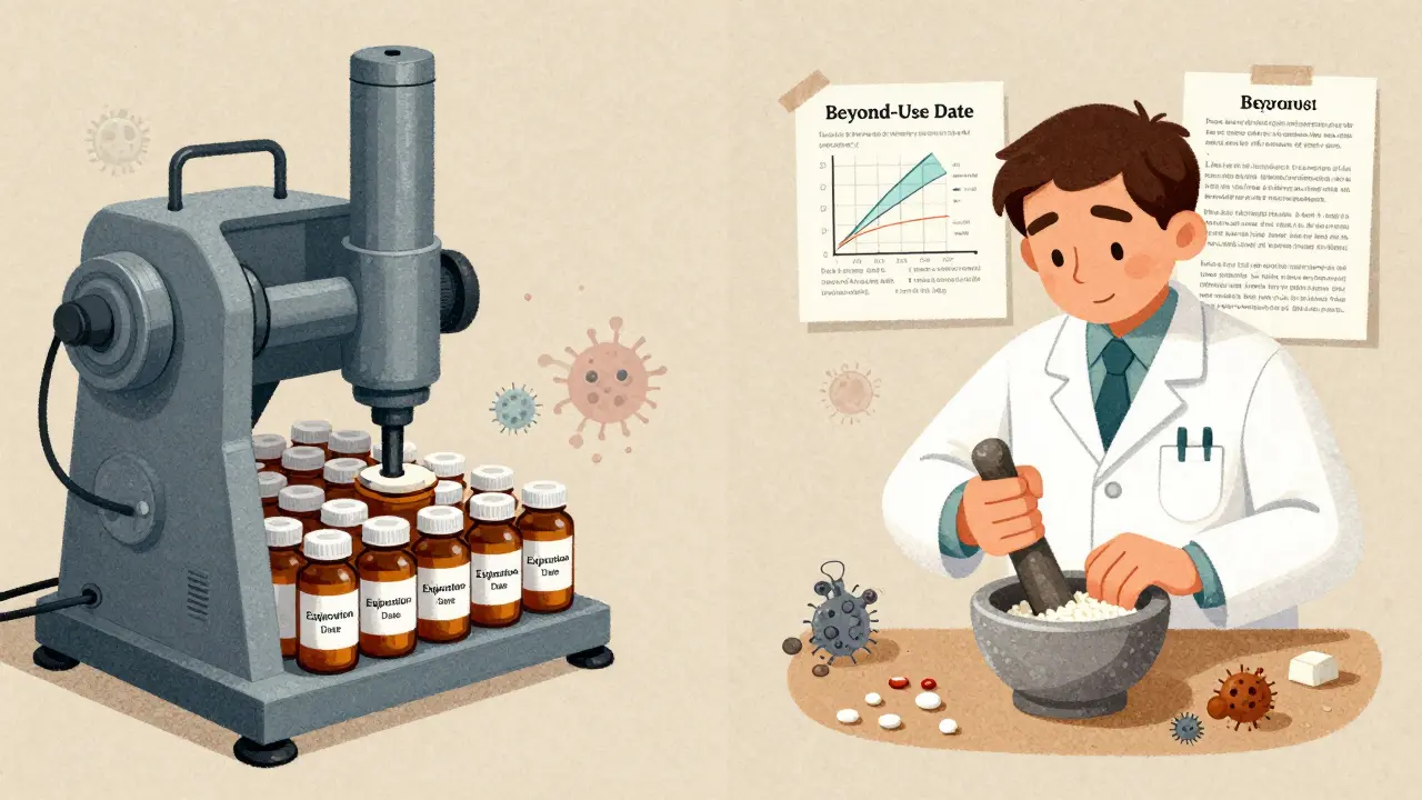 Comparison of factory-made pills with expiration dates versus compounded meds.