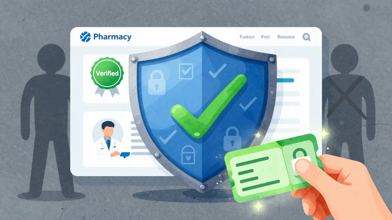 Digital shield protecting heart with verified pharmacy symbols