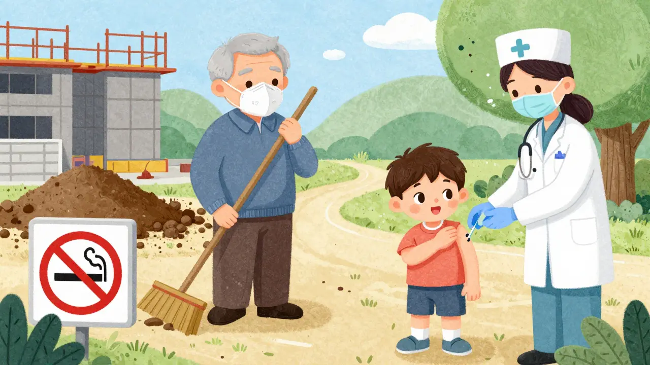 Illustration of people using masks, vaccines, and avoiding smoke to prevent pneumonia.