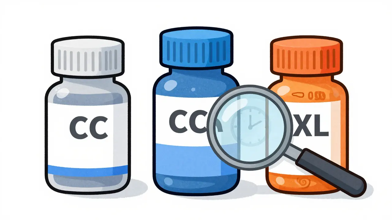 Magnifying glass inspecting different pill bottle formulations
