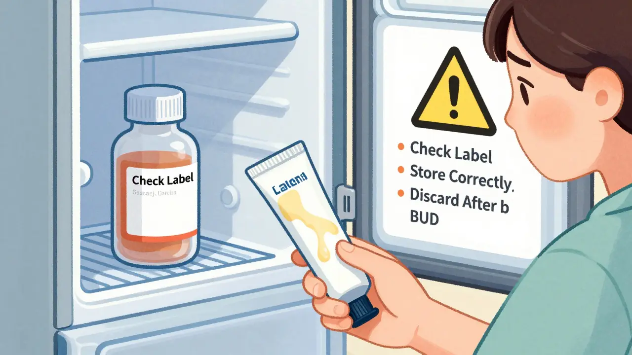 Patient checking storage conditions and expiration signs for compounded creams.