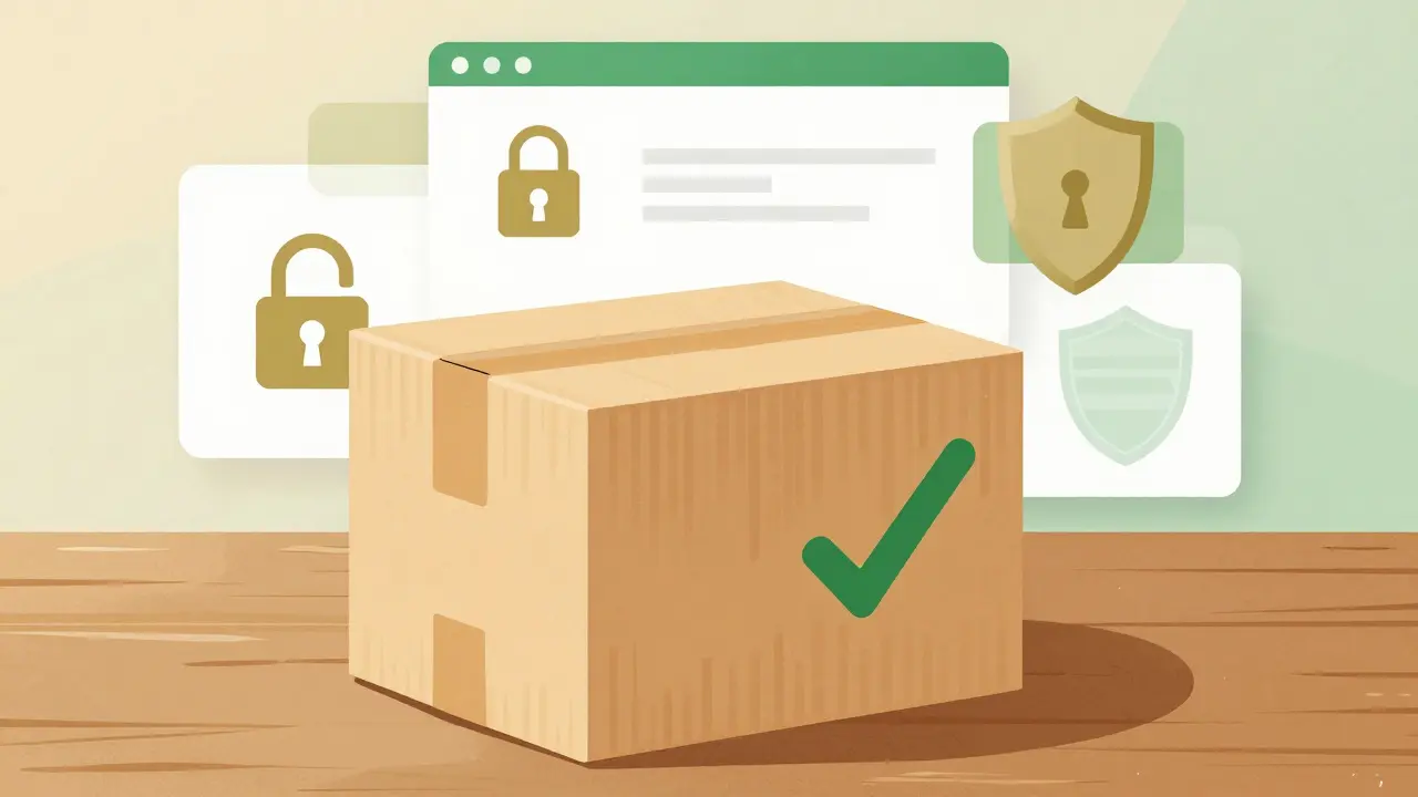 Sealed medicine package with safety checkmark on wooden table