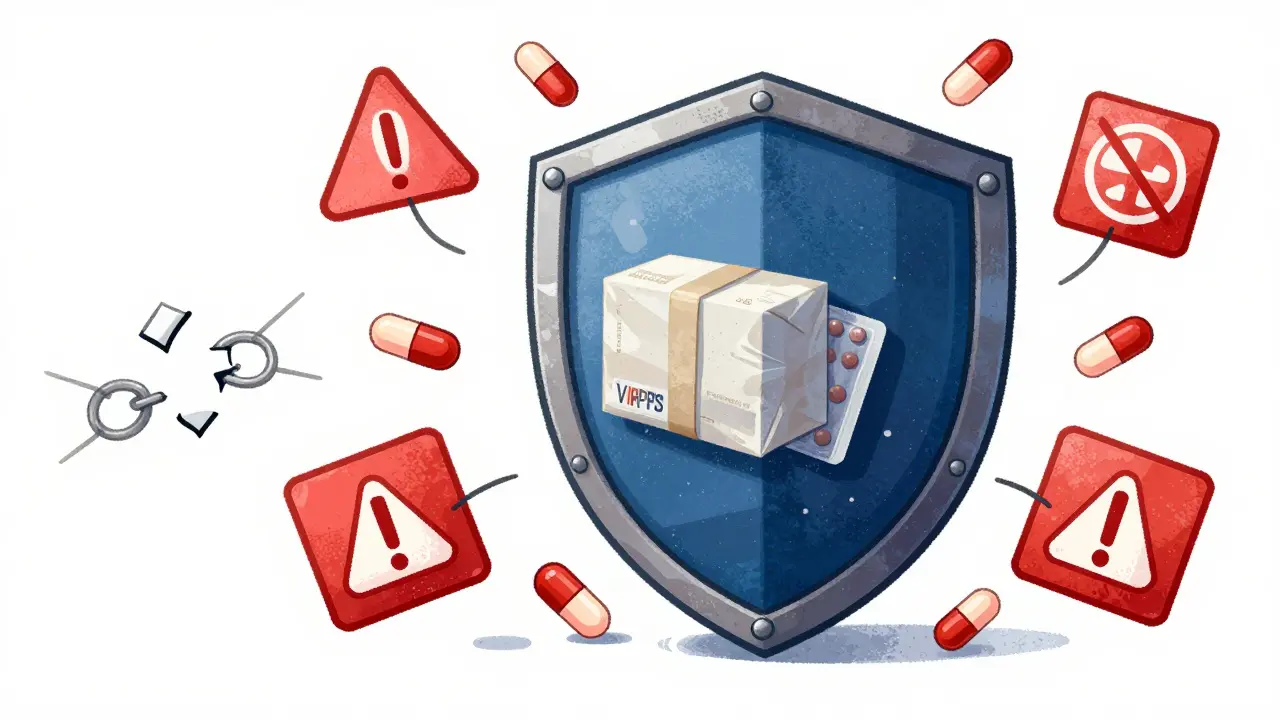 Shield protecting generic antibiotics from online pharmacy scam symbols