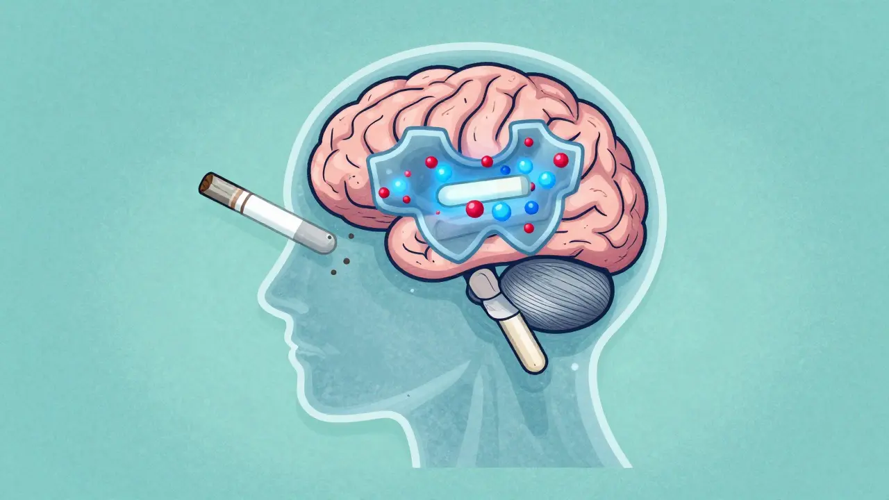 Stylized brain showing how bupropion blocks cravings