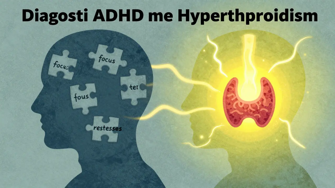 Two heads showing overlapping symptoms of ADHD and hyperthyroidism