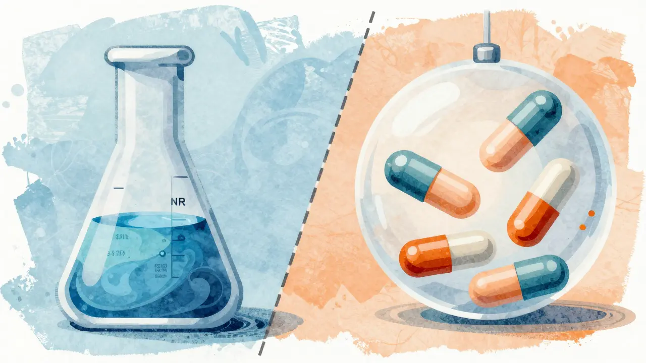 Abstract art comparing lab flasks for warfarin and new pill capsules.