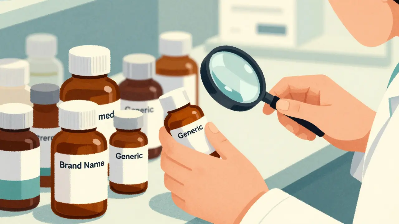 Close up of pharmacist reviewing medication bottles