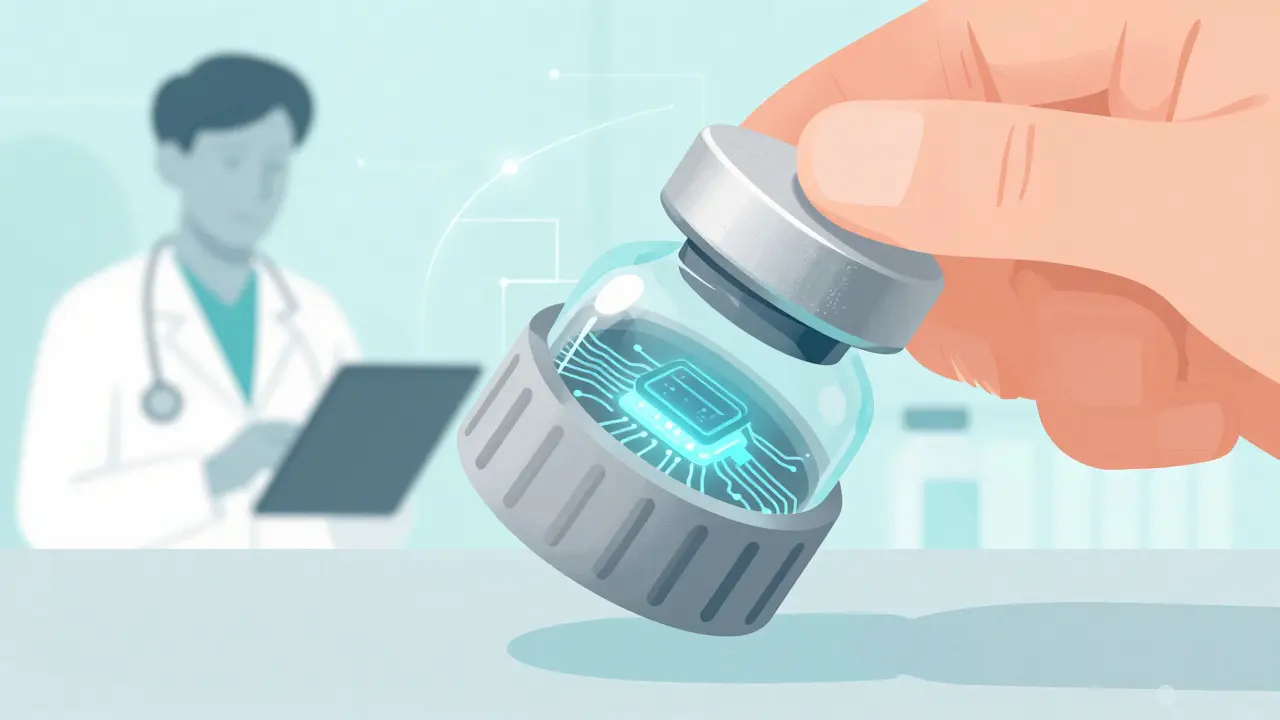 Close-up of smart pill bottle cap with digital chip inside