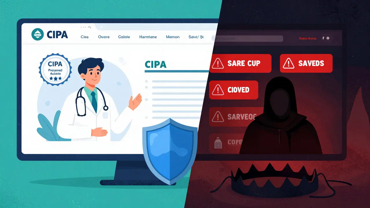 Comparison of safe certified pharmacy vs shady scam website