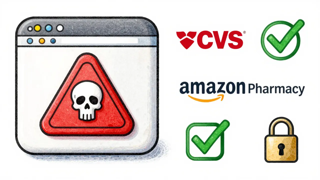 Comparison of unsafe websites vs trusted pharmacy icons