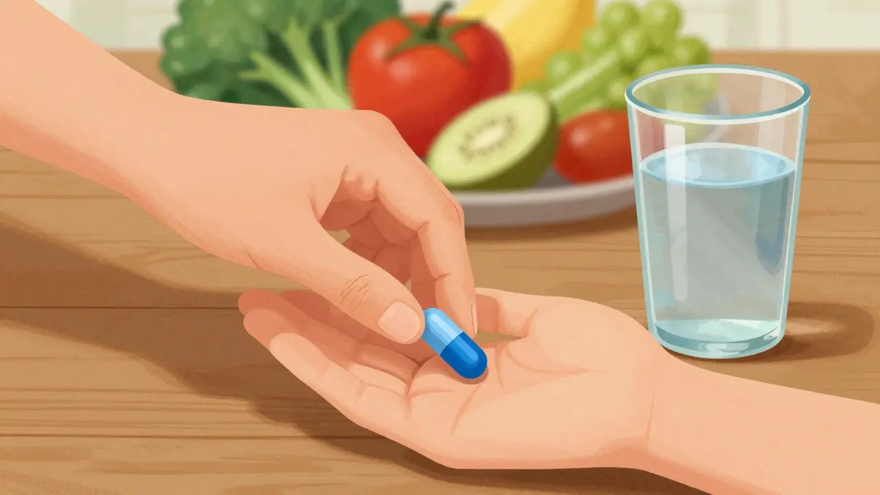 Hand holding a weight loss pill next to healthy food