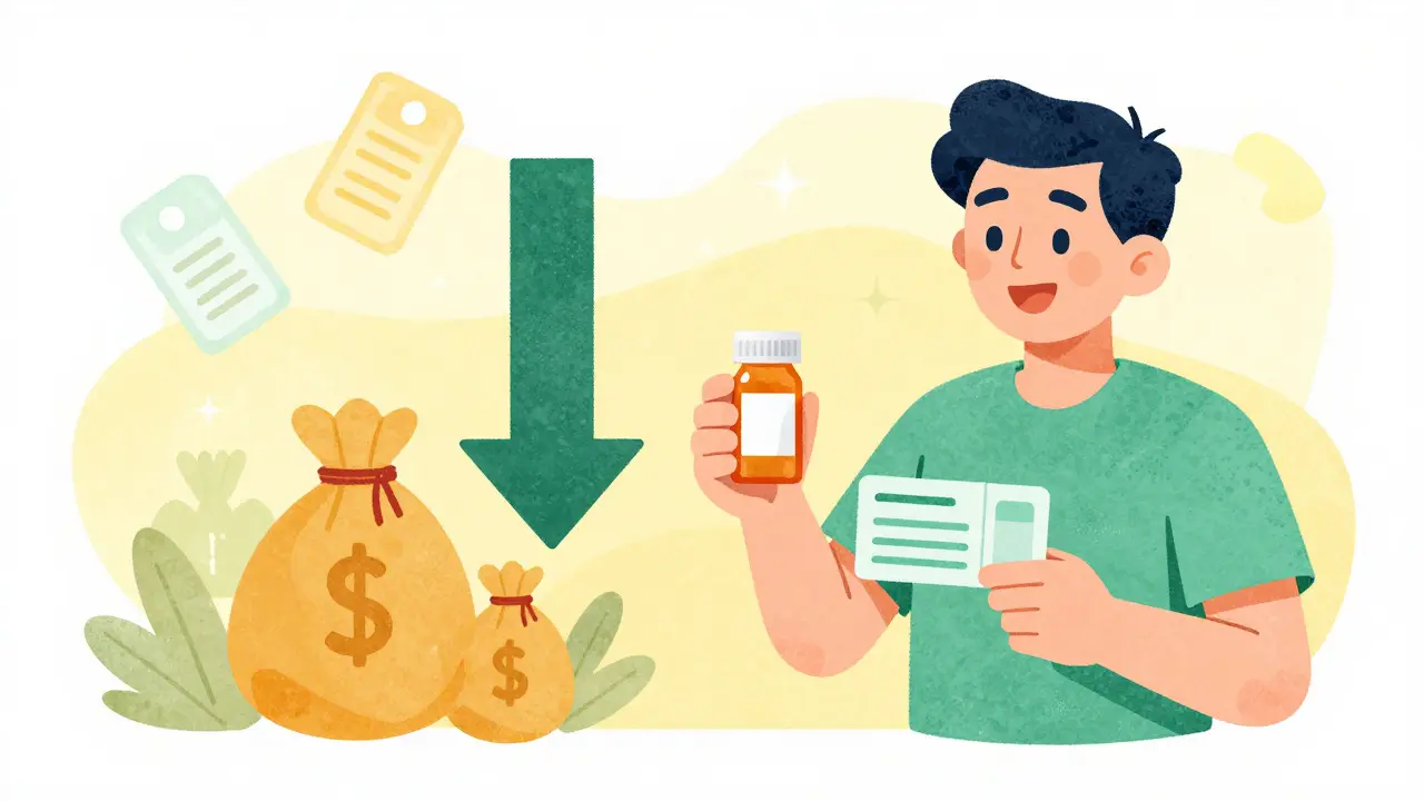 Happy patient holding medicine and discount coupon