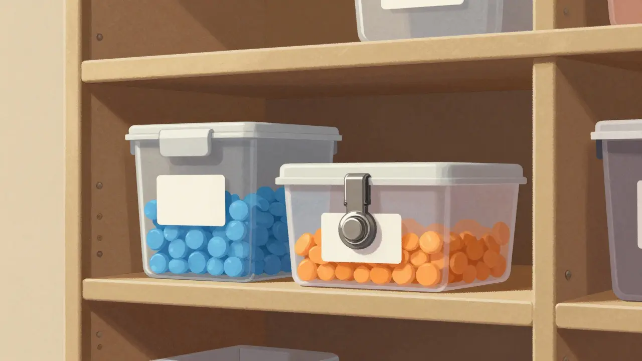 High locked cabinet separating human and pet medications safely