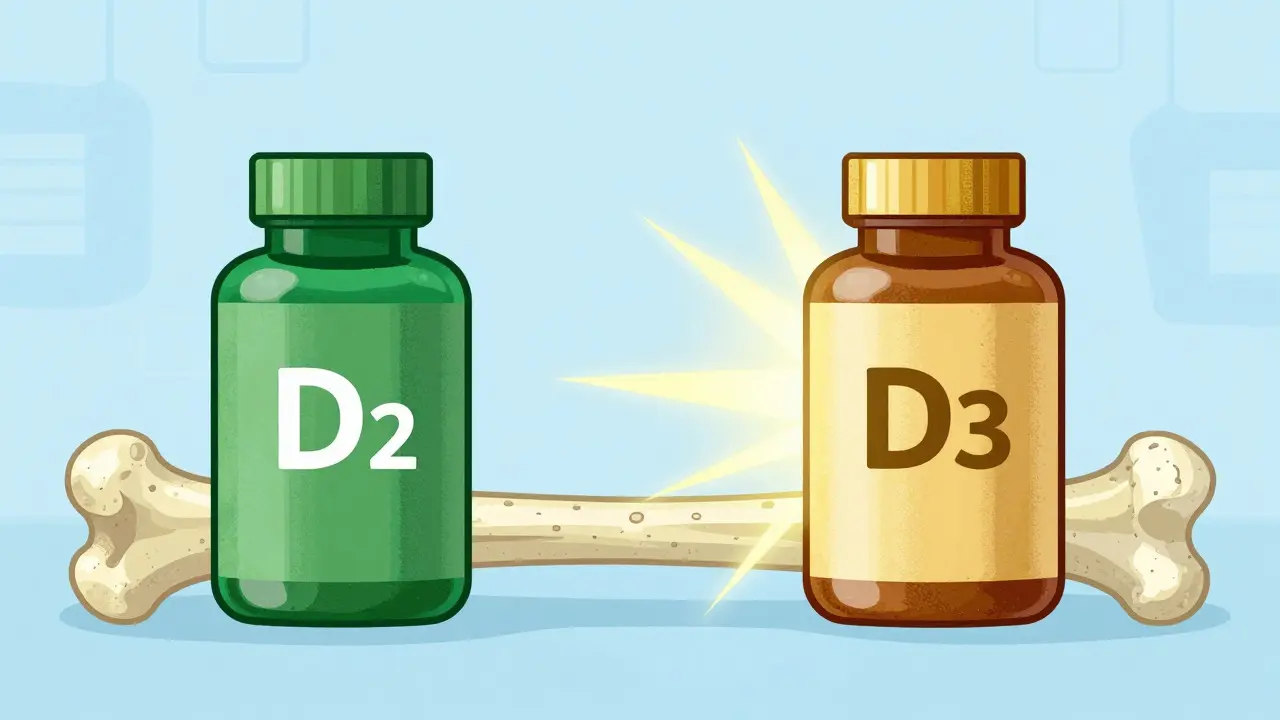 Illustration comparing dull D2 bottle to glowing D3 bottle strengthening a bone
