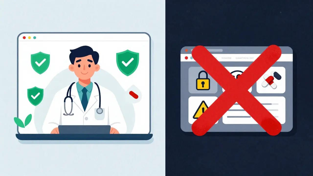 Illustration comparing safe telemedicine vs scam sites