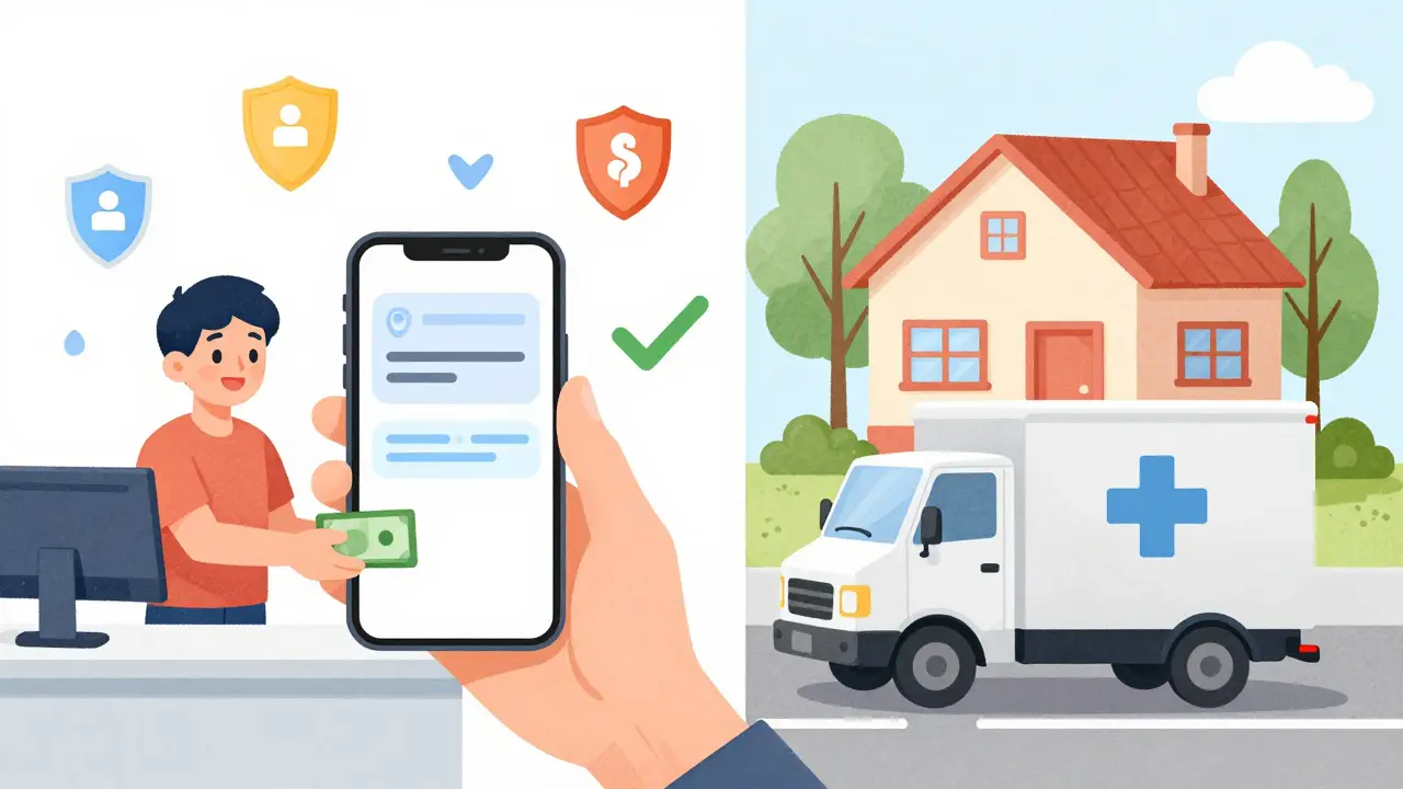 Illustration comparing using a discount coupon locally versus online delivery.