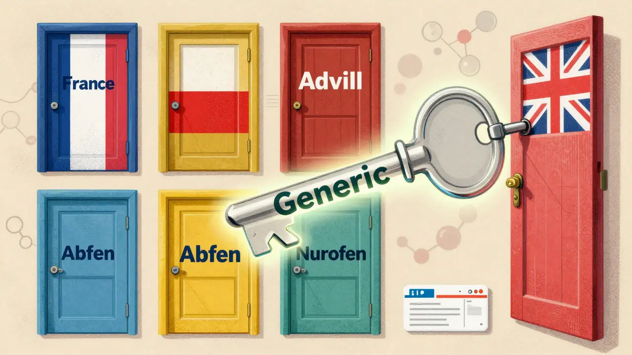 Illustration of a generic drug key unlocking doors with different brand names across countries