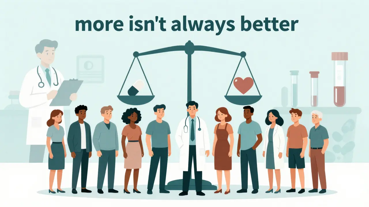 People under a balance-scale umbrella symbolizing moderate, personalized vitamin intake