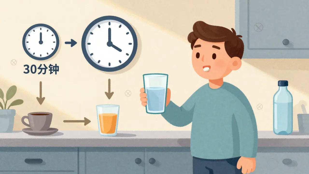 Person standing upright with water and pill, avoiding food