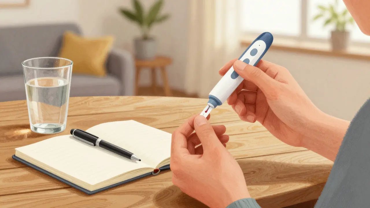 Person using a finger-prick device for home INR blood testing.