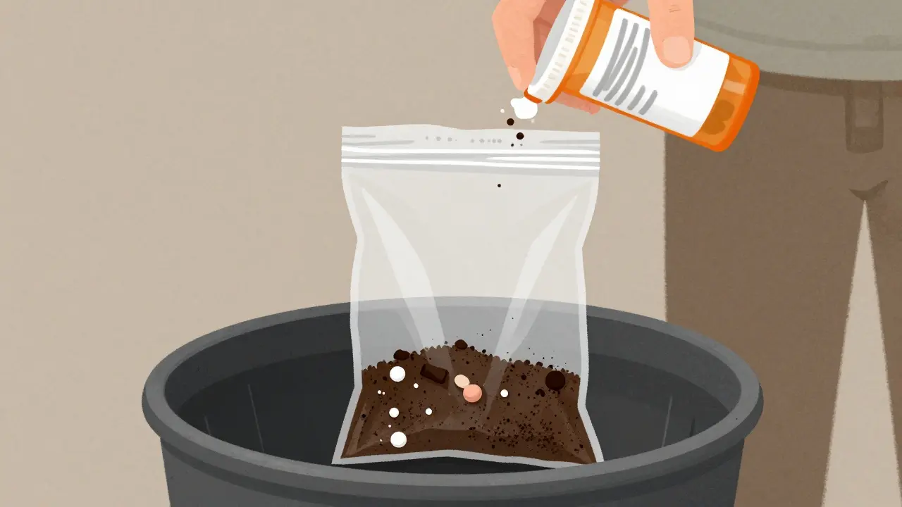 Sealed bag of pills mixed with coffee grounds for trash disposal