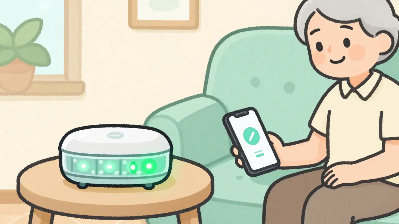 Smart pillbox glowing green next to smiling senior citizen
