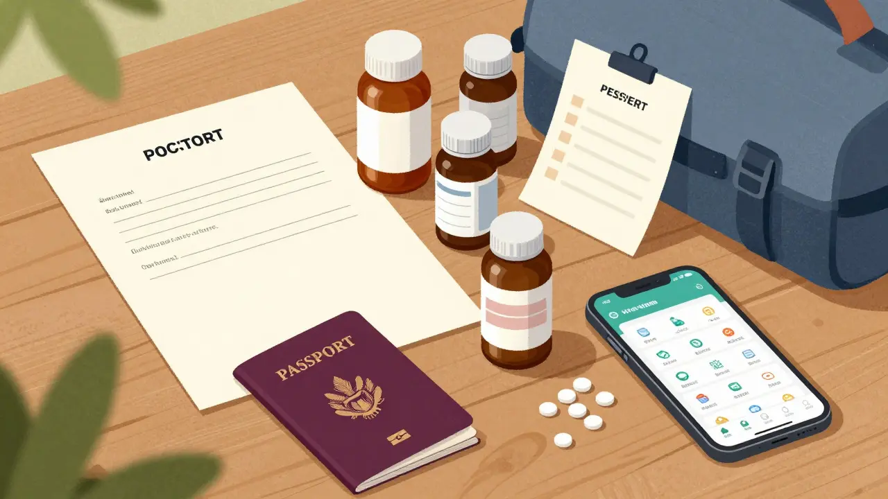 Traveler's medication safety kit with doctor's letter, pills, and passport on a table