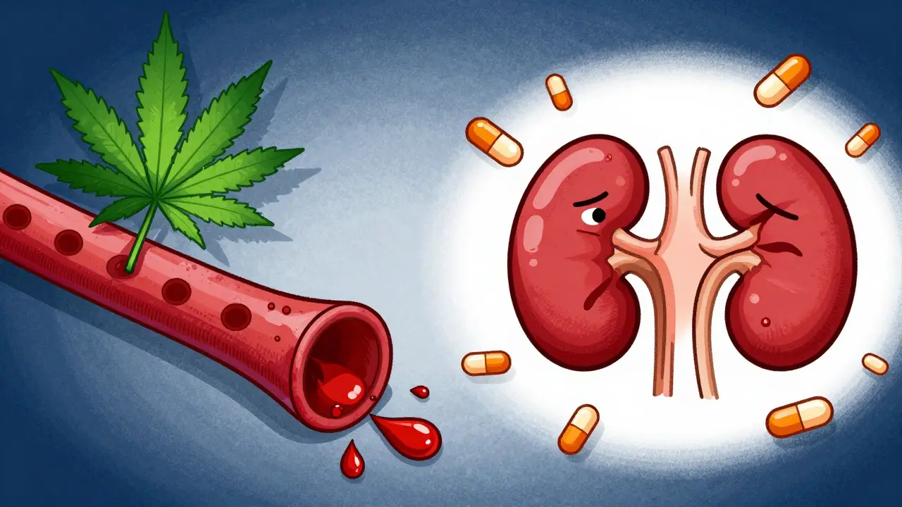 Cartoon depiction of blood vessels and kidneys under stress from drug mix