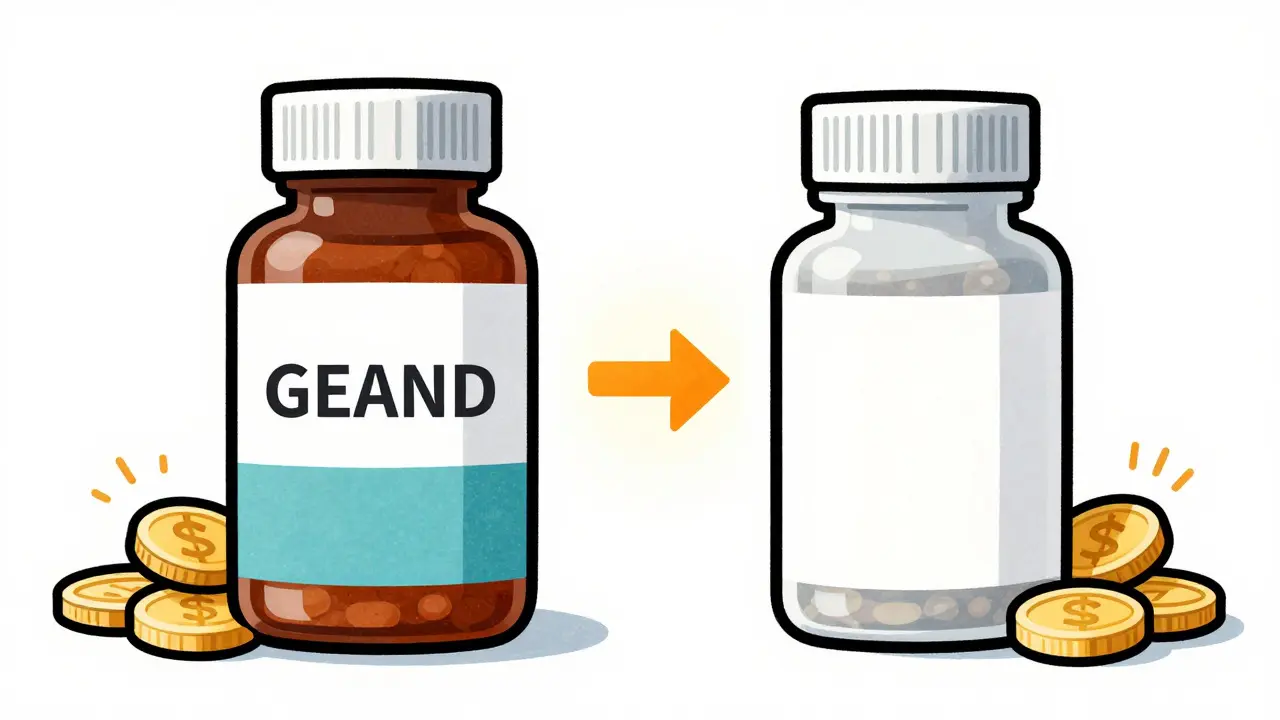 Comparison of brand-name and generic medication bottles showing savings