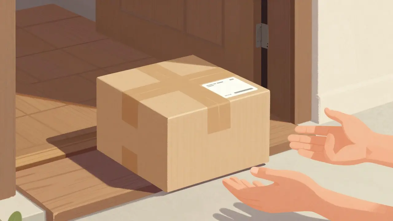 Discreet plain package on a doorstep being received