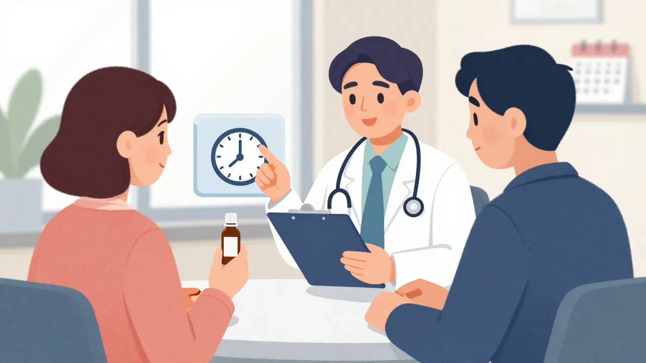 Doctor and patient discussing medication timing and safety in an office