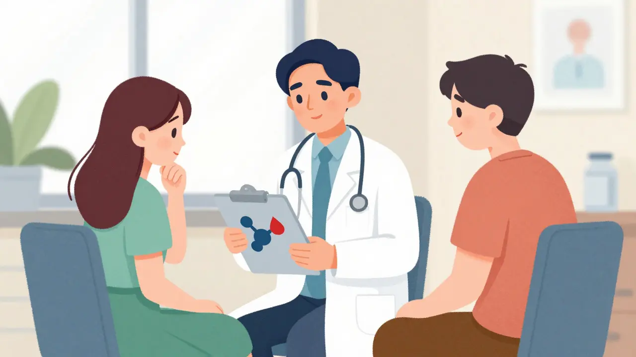 Doctor consulting with patient using molecular icons