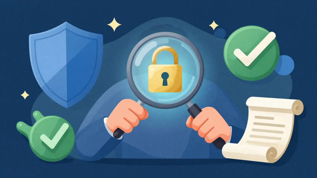 Figure using a magnifying glass to verify a secure online pharmacy lock